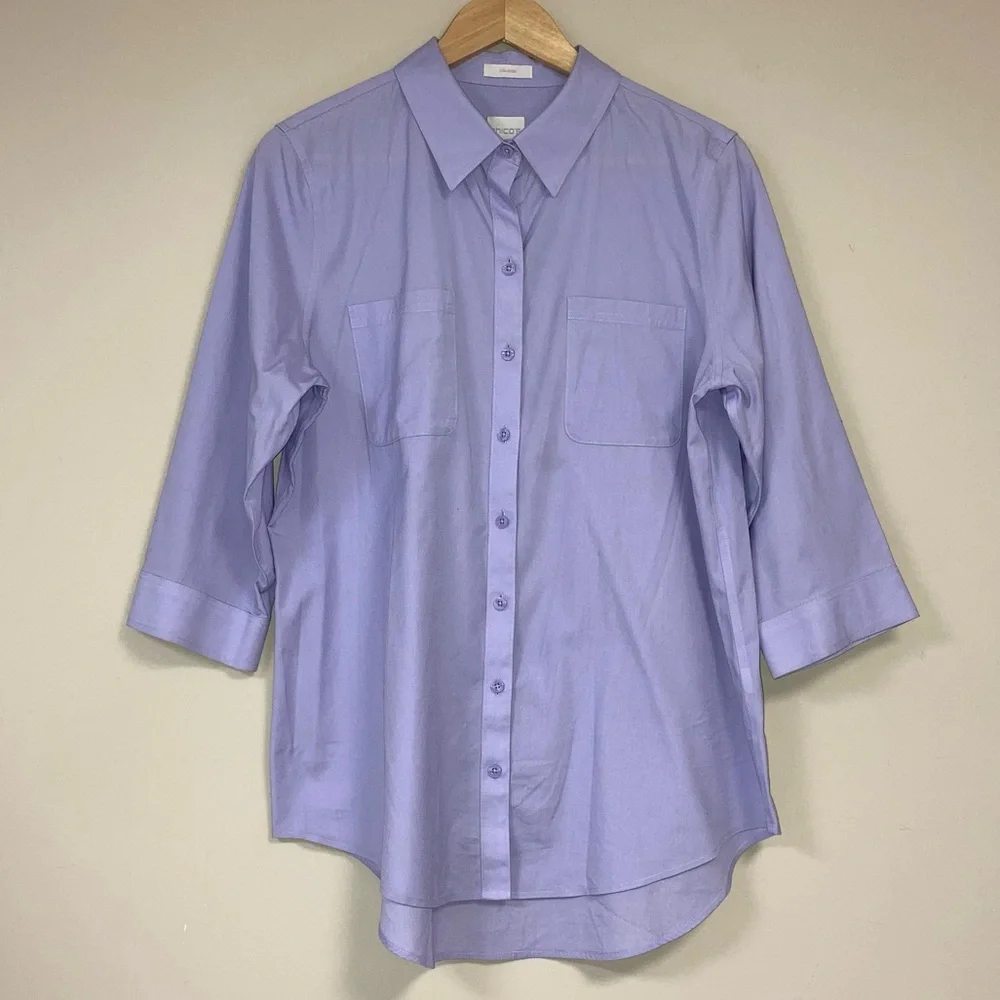 CHICO'S Shirt Women's Large Purple Button Up No Iron TopLightweight 3/4 Sleeves - Picture 1 of 8
